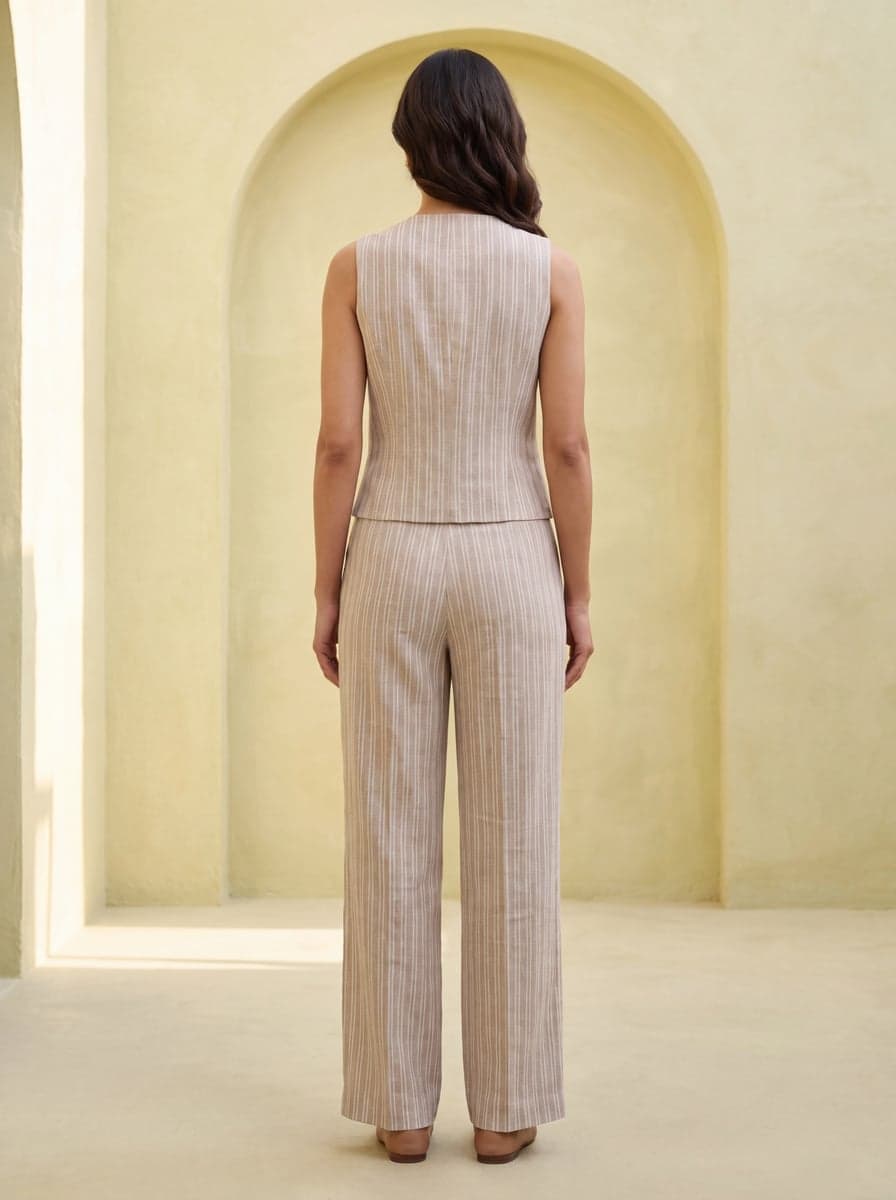 Striped Waistcoat Co-ord Set - Sand - back