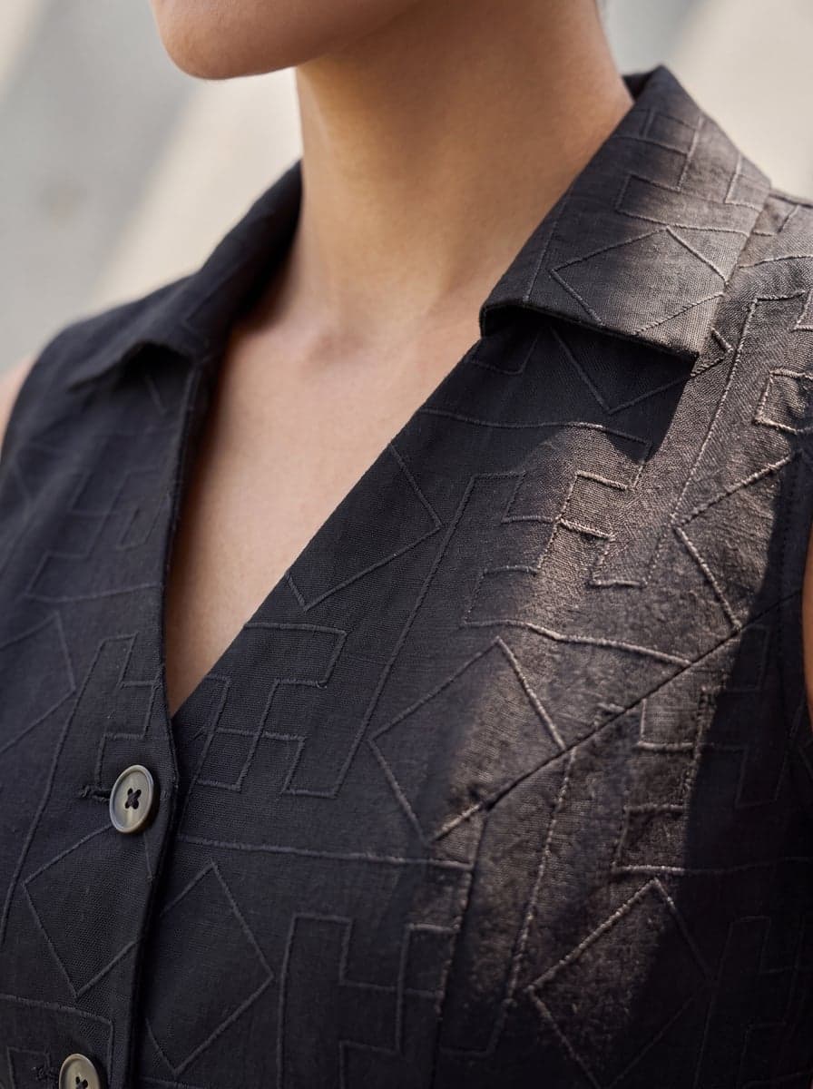 Embroidered Waistcoat Co-ord Set - Black - lapel and embroidery close-up