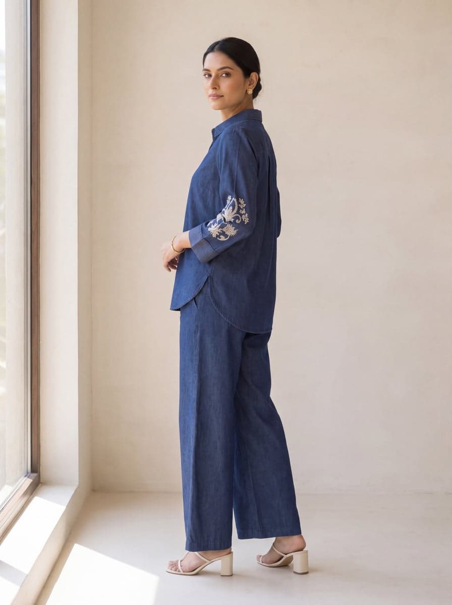 Embroidered Denim Shirt Co-ord Set - three-quarter