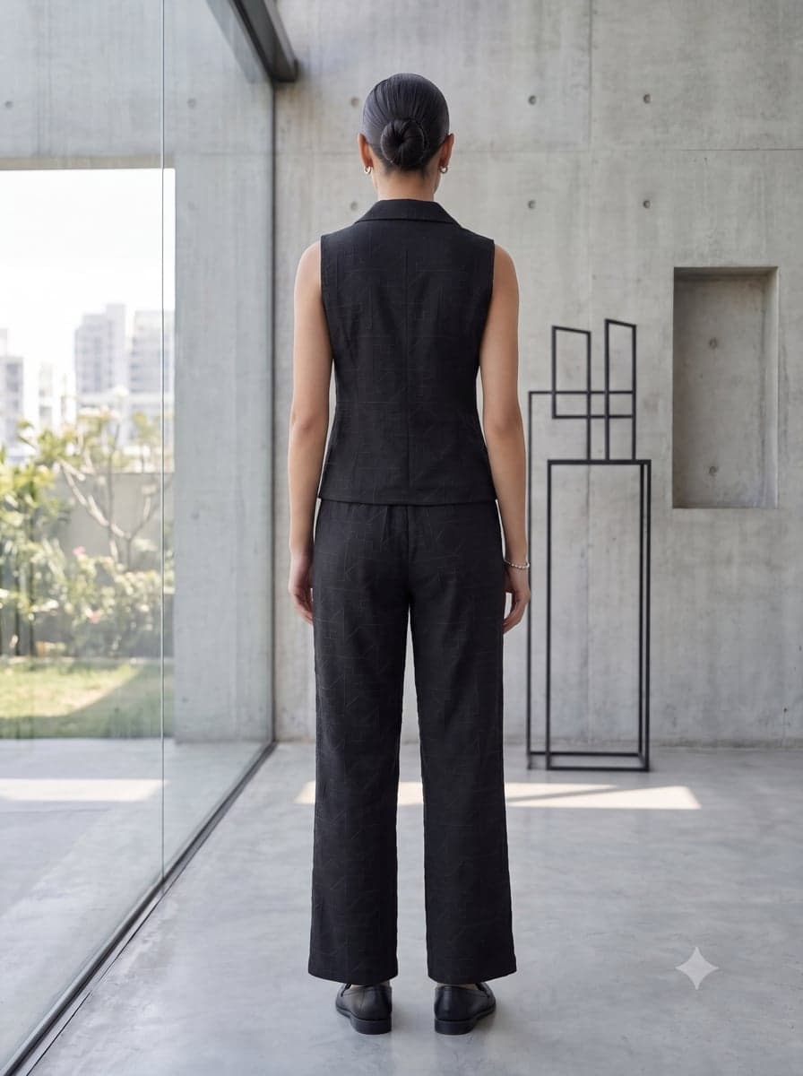 Embroidered Waistcoat Co-ord Set - Black - back