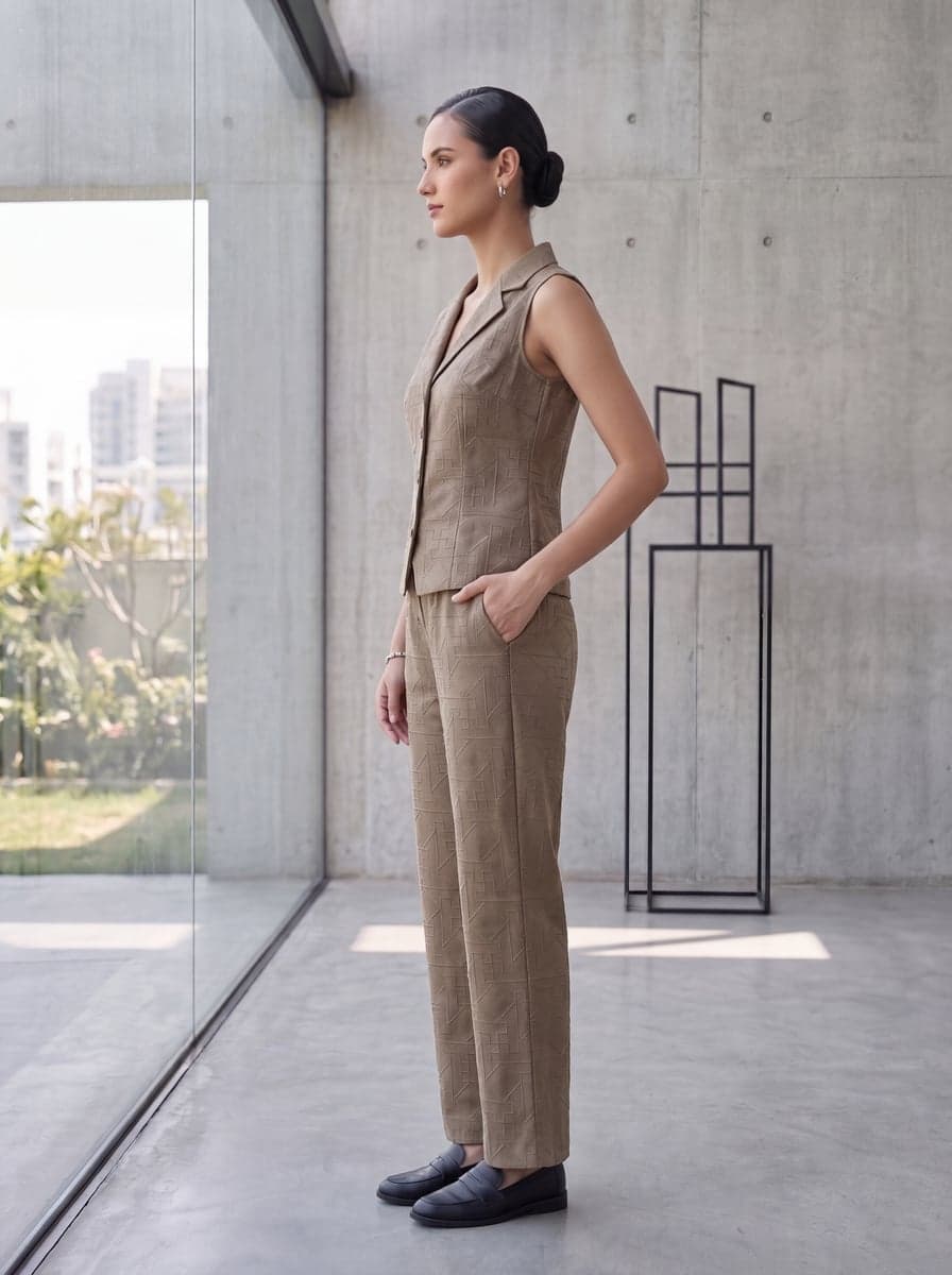 Embroidered Waistcoat Co-ord Set - Khaki - three-quarter