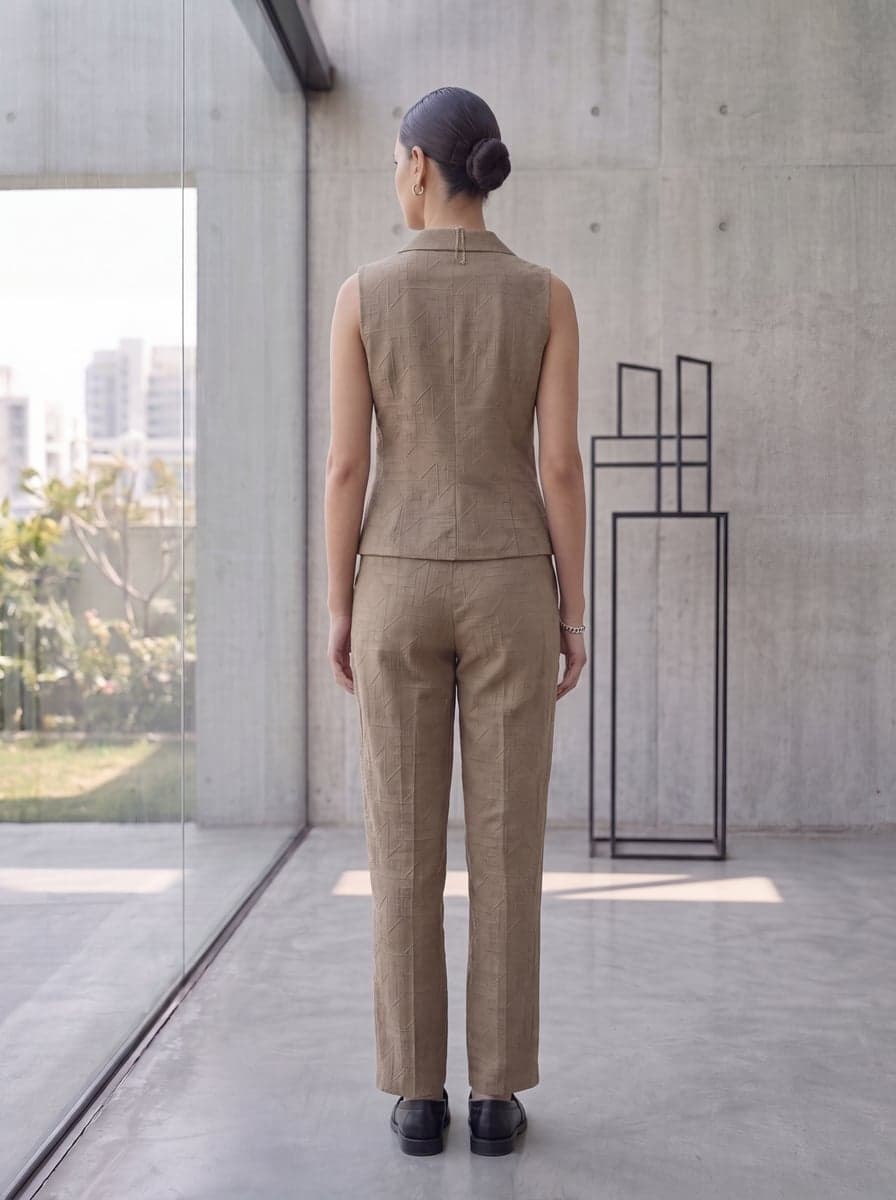 Embroidered Waistcoat Co-ord Set - Khaki - back