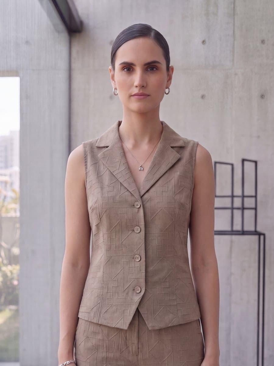 Embroidered Waistcoat Co-ord Set - Khaki - waist-up