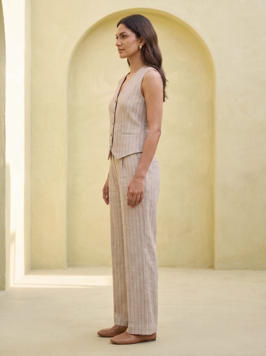 Striped Waistcoat Co-ord Set - Sand - side