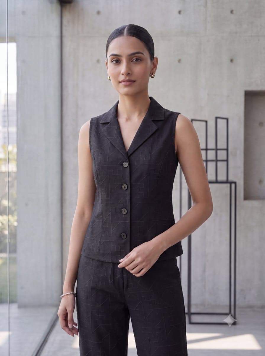 Embroidered Waistcoat Co-ord Set - Black - waist-up