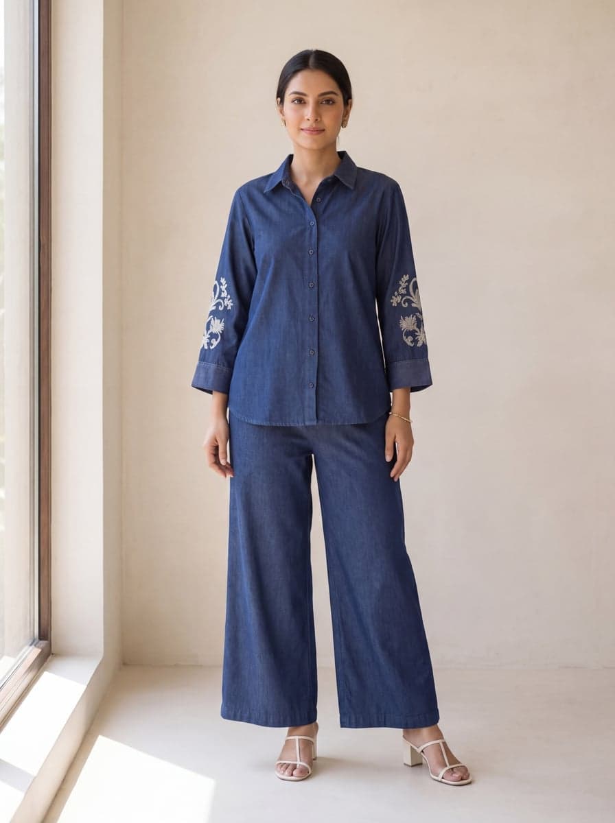 Embroidered Denim Shirt Co-ord Set - front