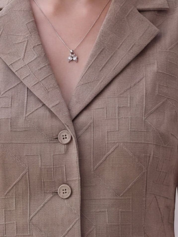 Embroidered Waistcoat Co-ord Set - Khaki - lapel and embroidery close-up