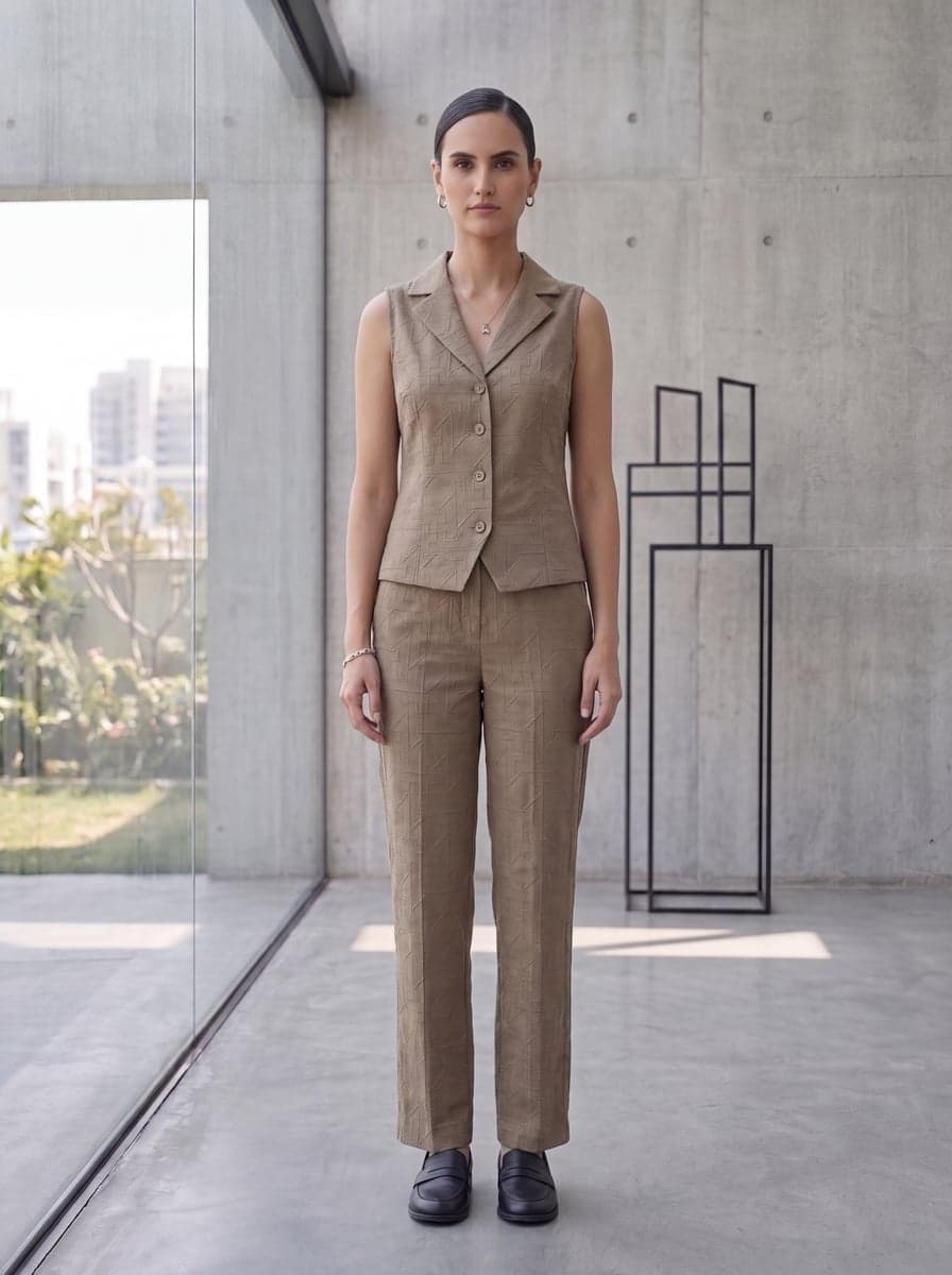 Embroidered Waistcoat Co-ord Set - Khaki - front