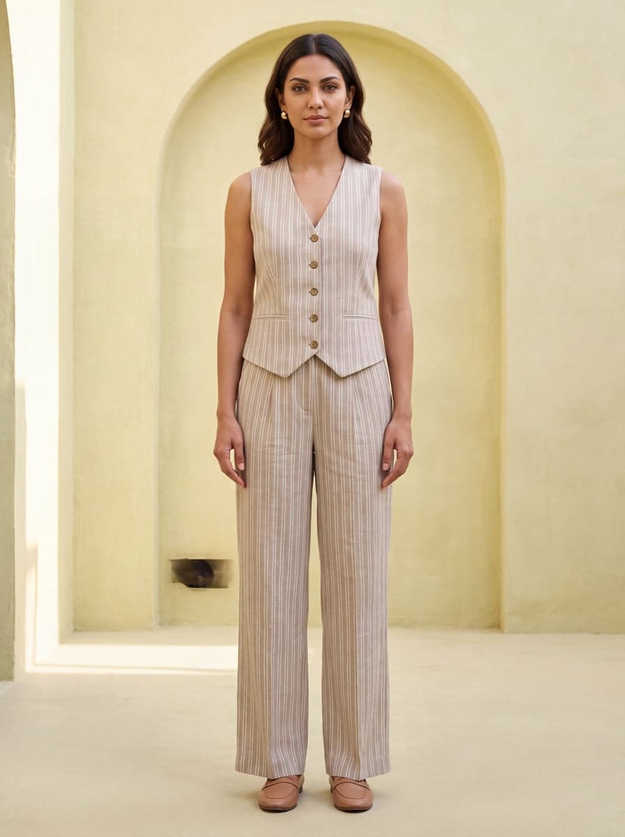 Striped Waistcoat Co-ord Set - Sand - front