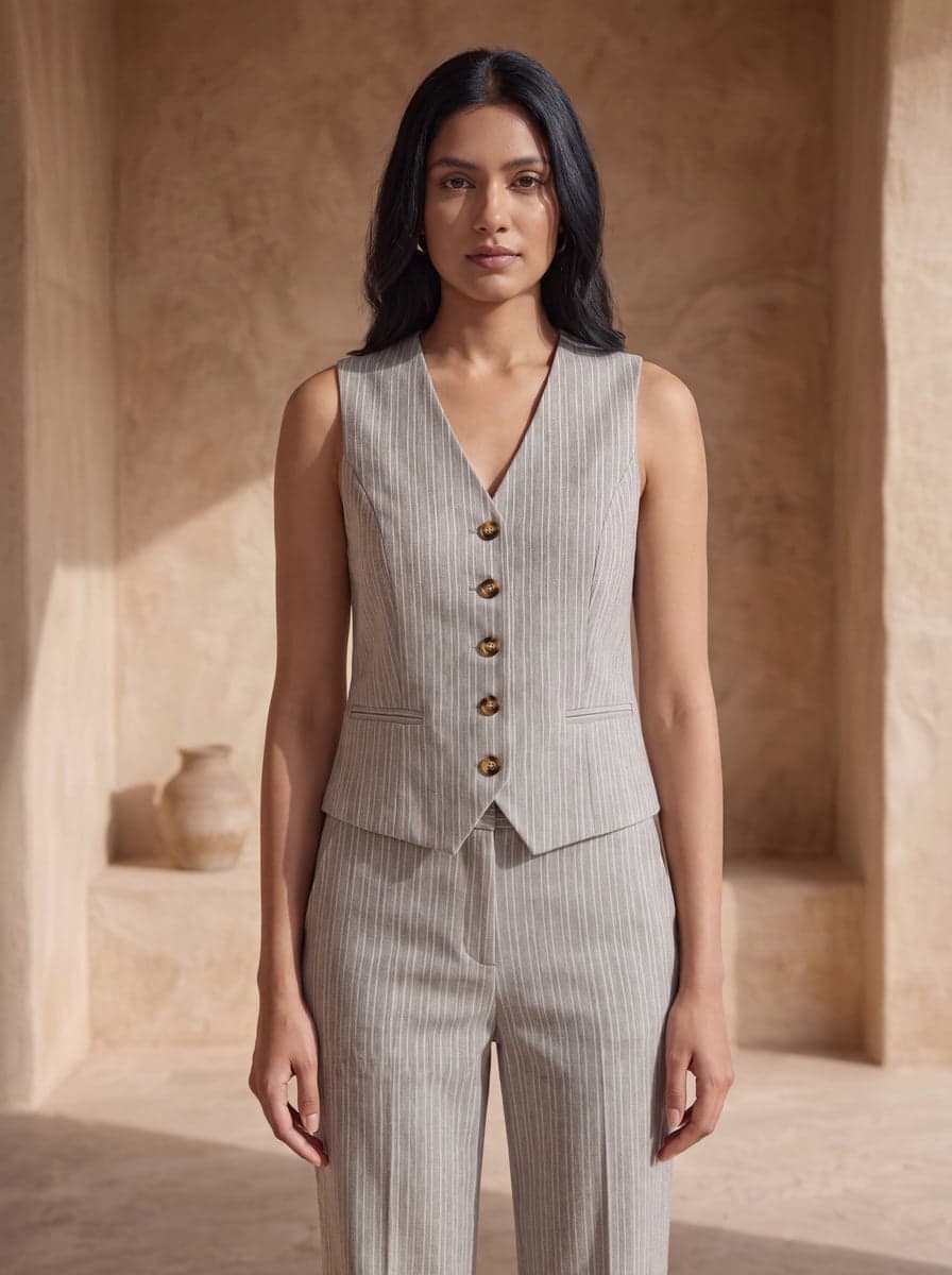 Striped Waistcoat Co-ord Set - Grey - waist-up