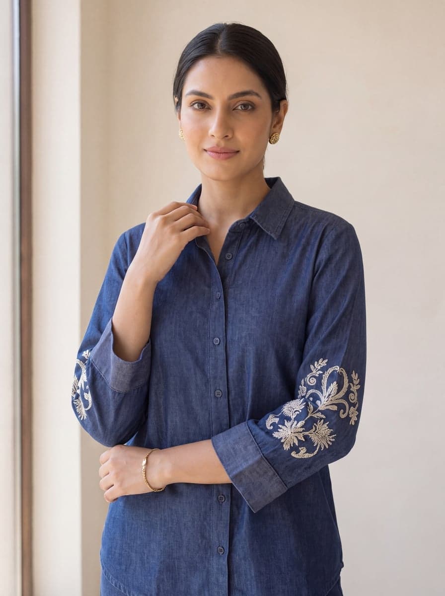 Embroidered Denim Shirt Co-ord Set - waist-up with cuff embroidery