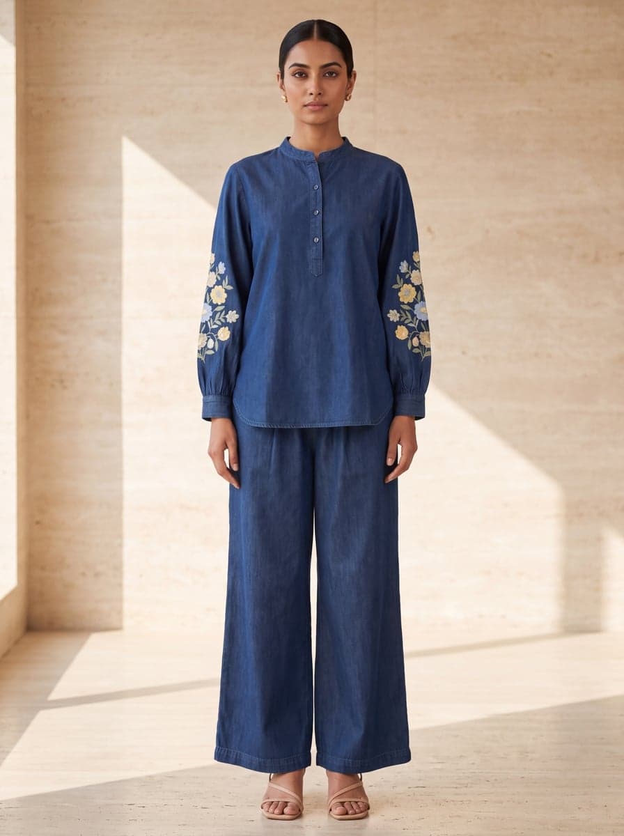 Embroidered Denim Co-ord Set - front