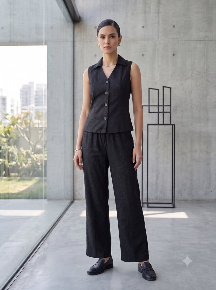 Embroidered Waistcoat Co-ord Set - Black - front