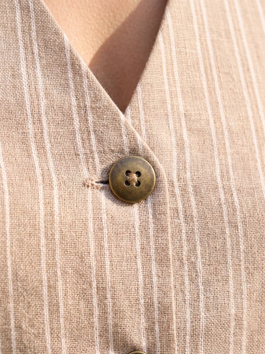 Striped Waistcoat Co-ord Set - Sand - button and pinstripe close-up