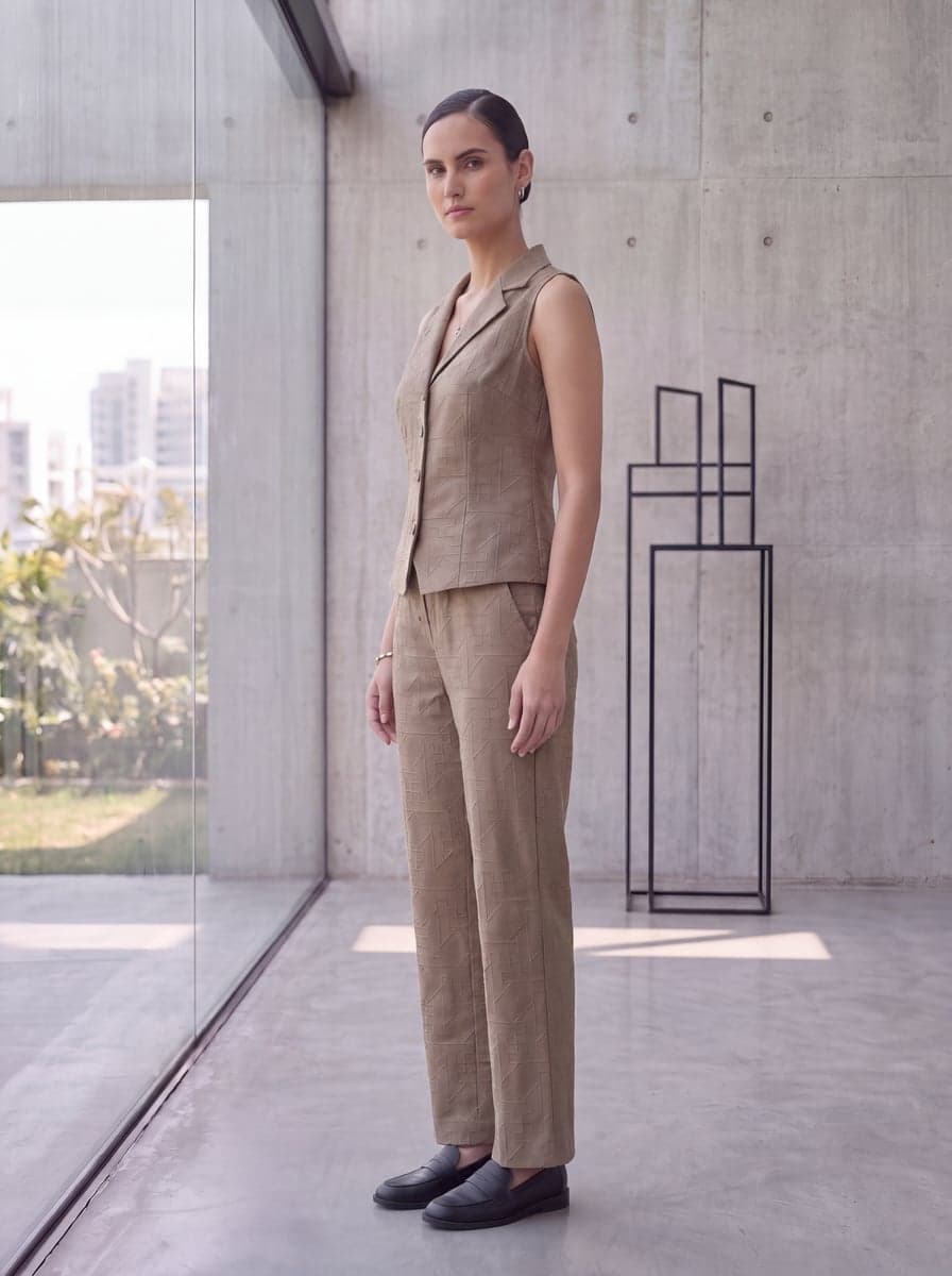 Embroidered Waistcoat Co-ord Set - Khaki - side