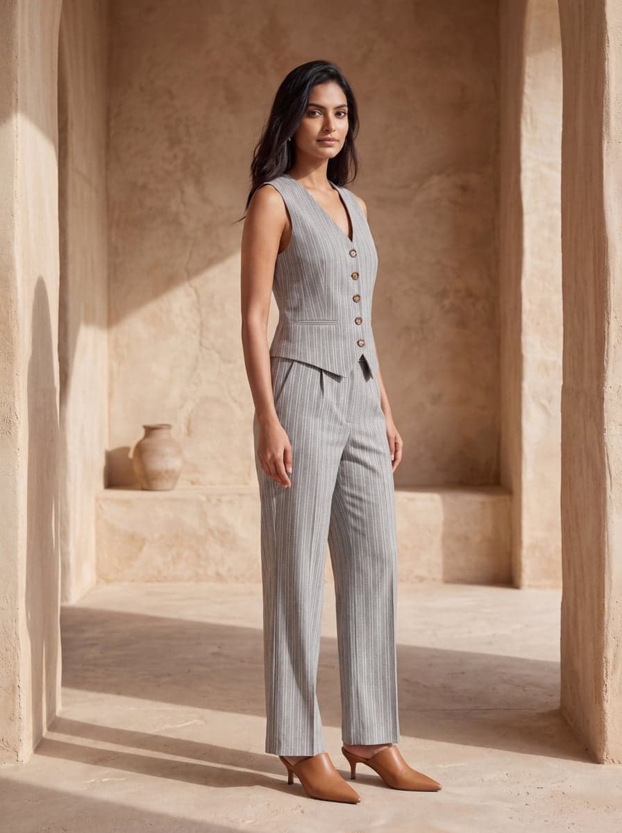 Striped Waistcoat Co-ord Set - Grey - three-quarter