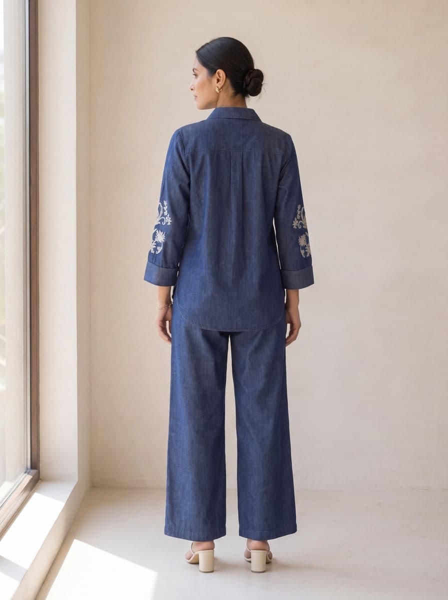 Embroidered Denim Shirt Co-ord Set - back