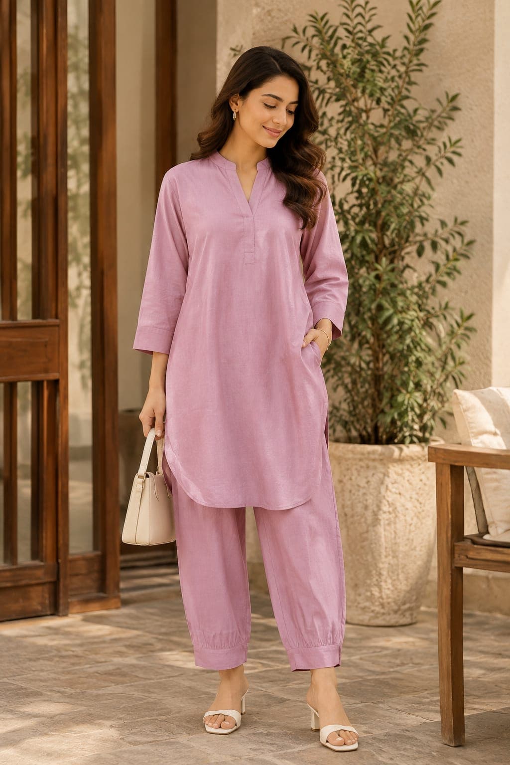 Silk-cotton everyday kurta, sand — flat lay, colour checker in frame