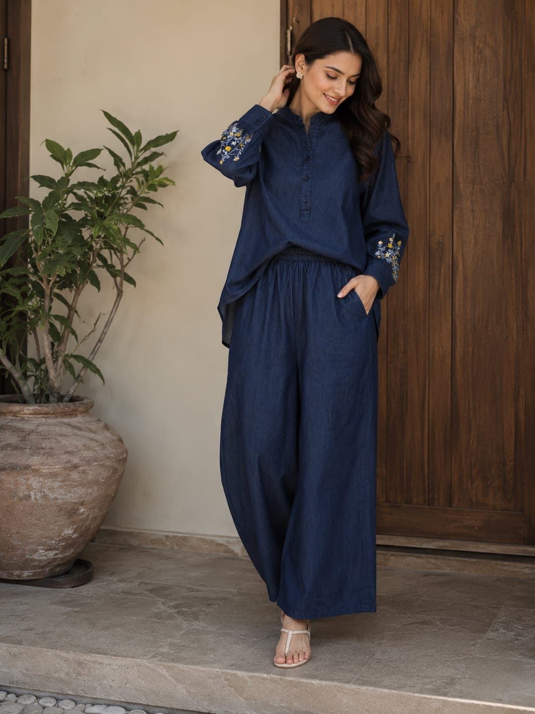 Mulmul dupatta, indigo block print — flat lay, colour checker in frame