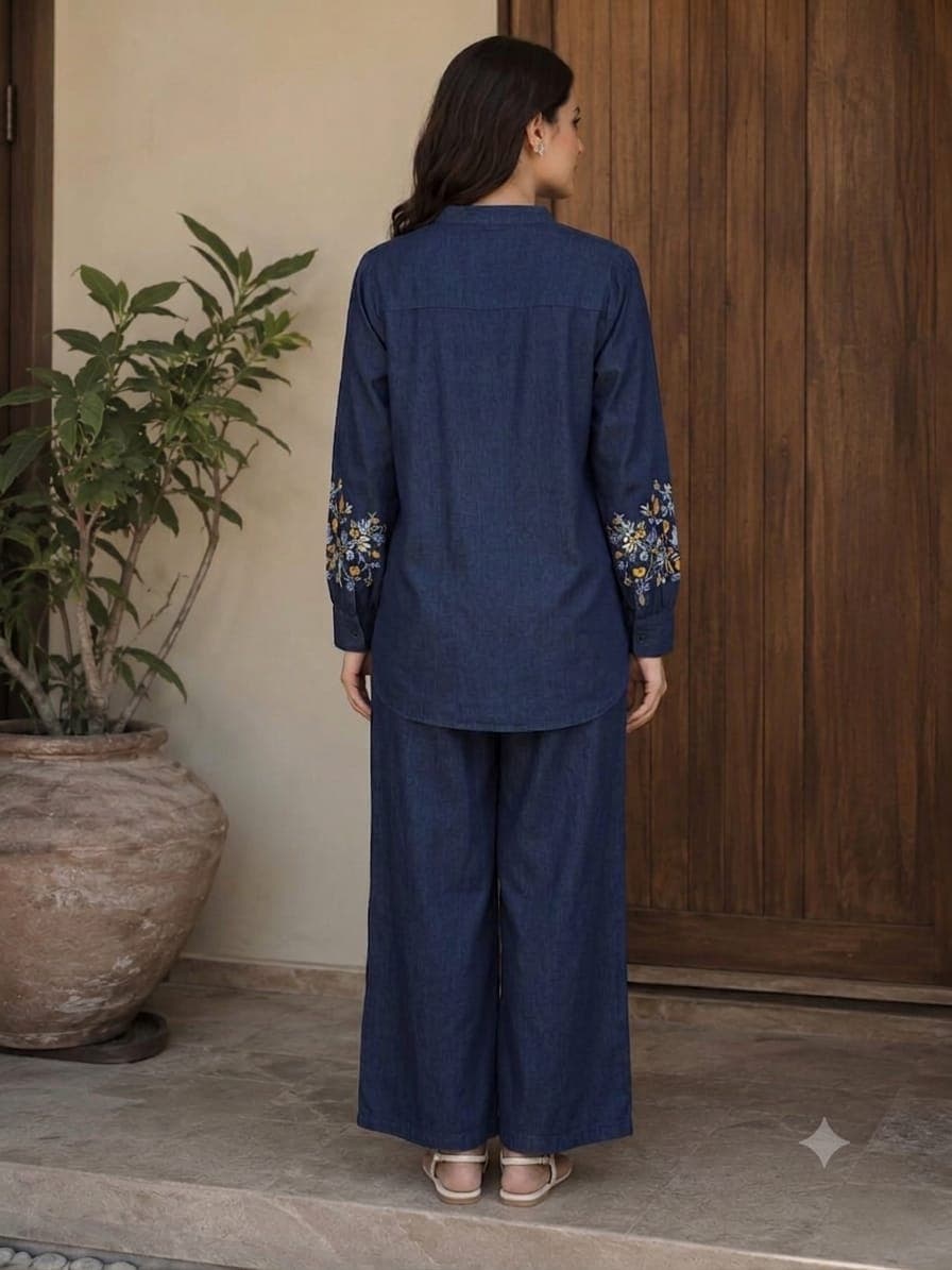 Mulmul dupatta, indigo block print — weave detail at 1:1