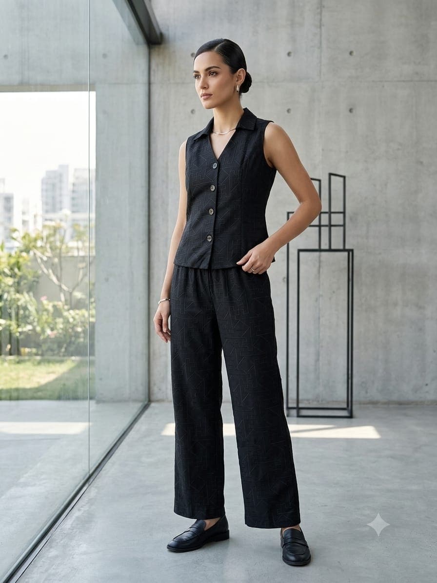 Mulmul everyday kurta, indigo — flat lay, colour checker in frame
