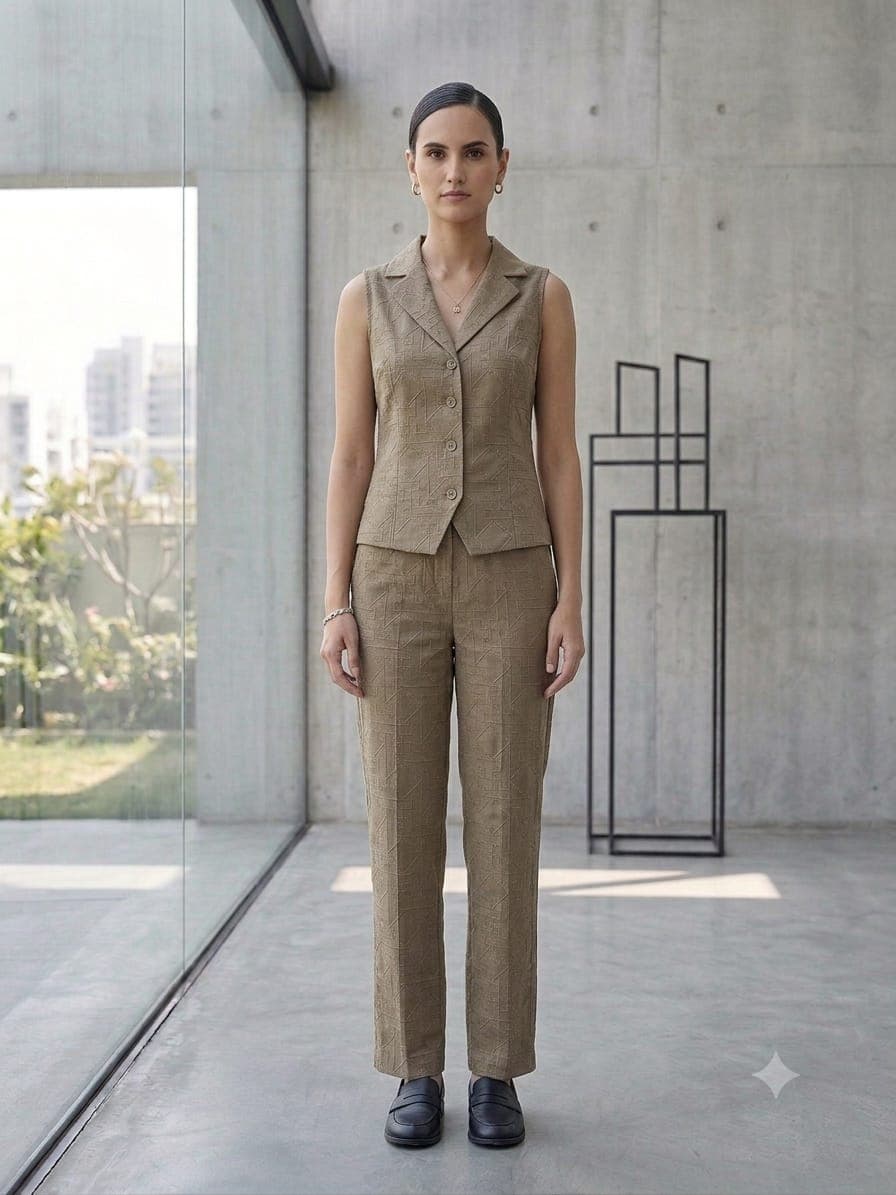 Mulmul everyday kurta, plaster — flat lay, colour checker in frame