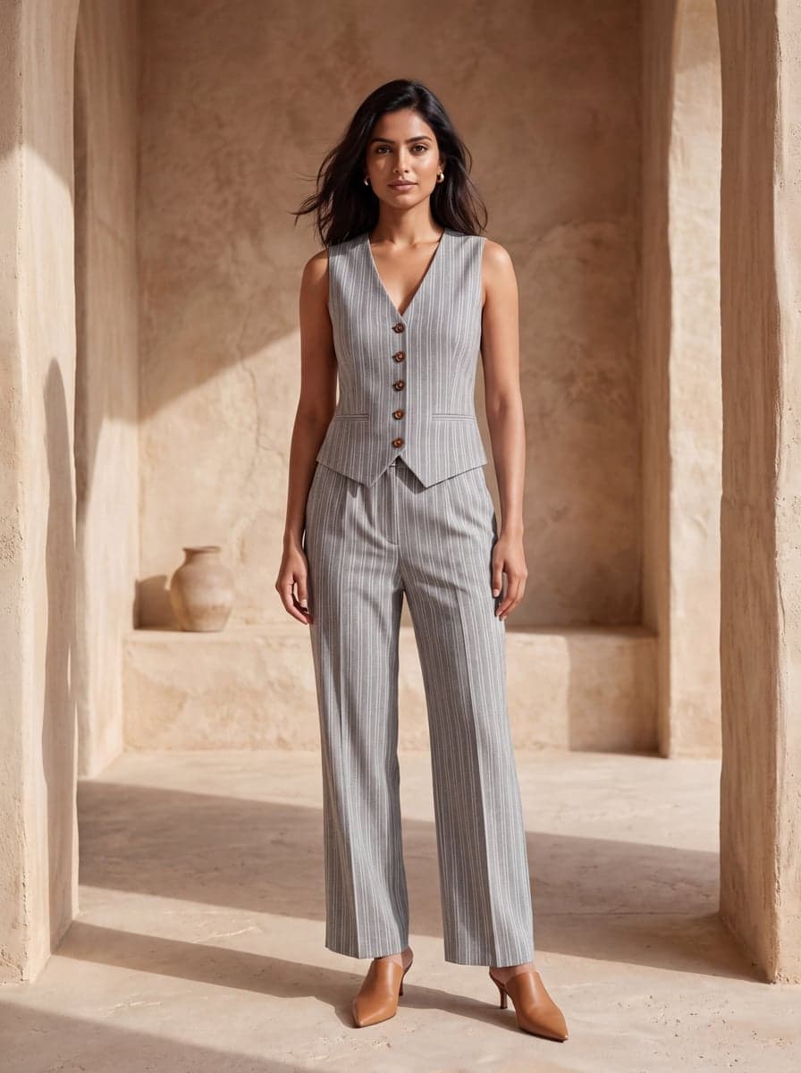 Striped Waistcoat Co-ord Set - Grey - front