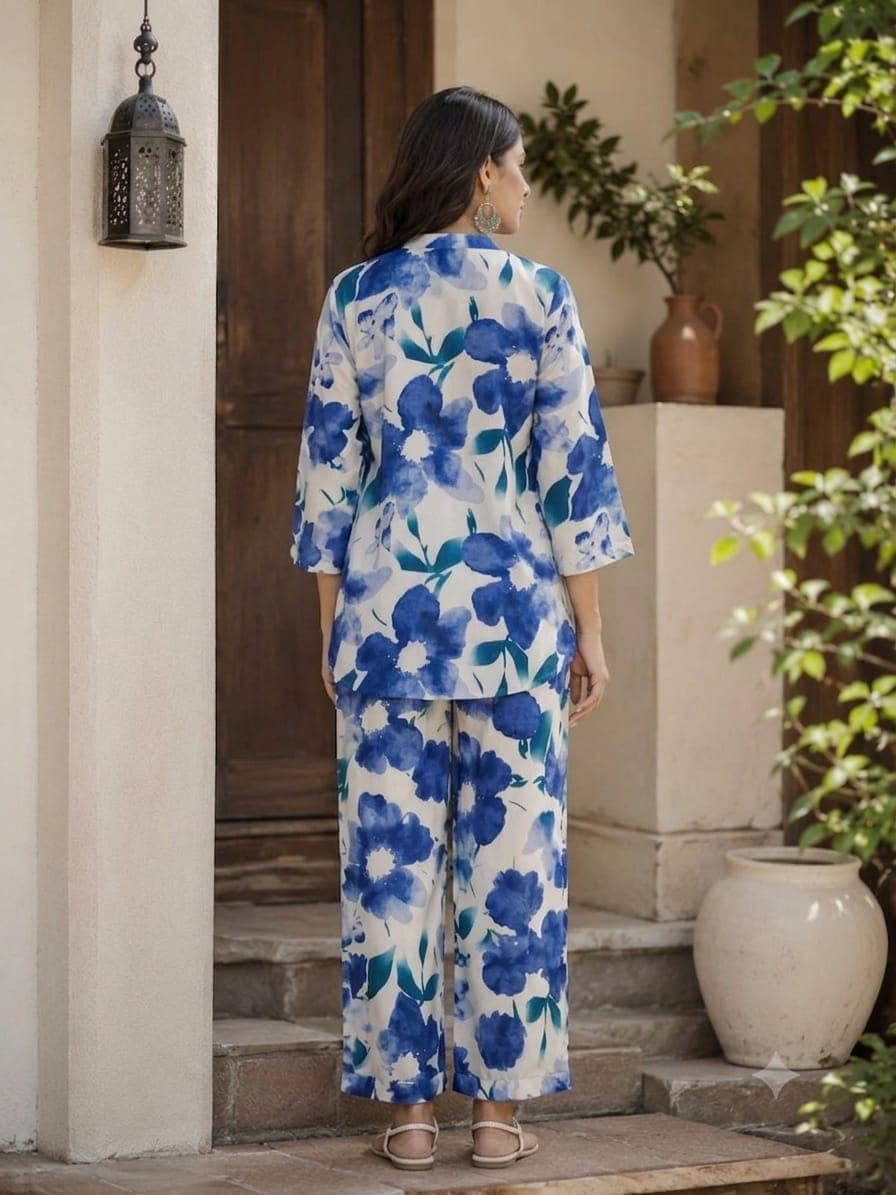 Mulmul cotton kurta set, indigo block print — weave detail at 1:1